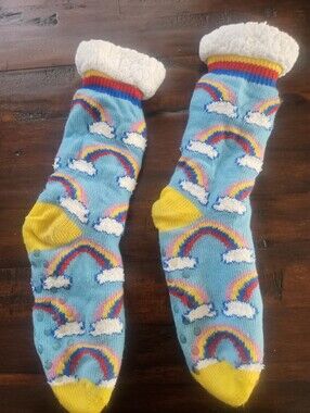 Cozy Rainbow Fuzzy Lined Socks - Blue & Yellow